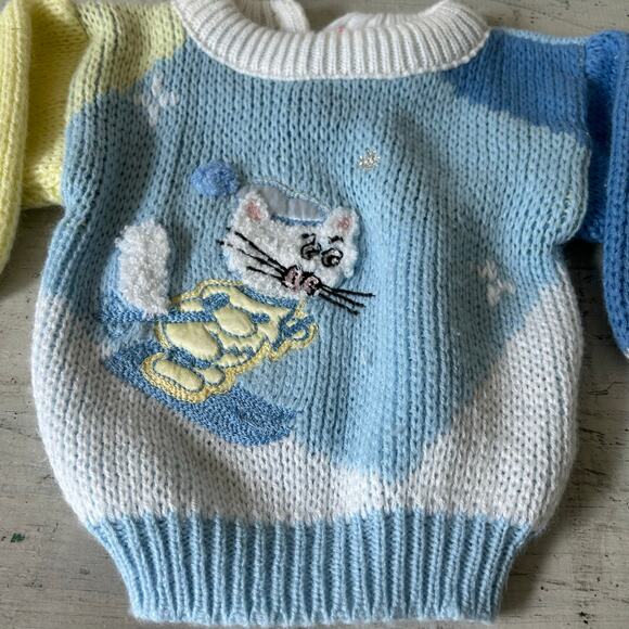 Vintage knit sweater embroidered skiing cat 70s 80s baby    3 / 6 months retro - Picture 5 of 13